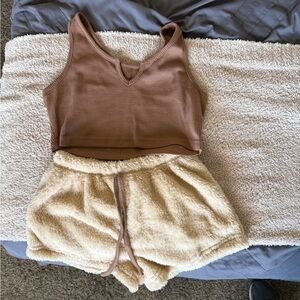 Brown Tank Top and Cream Fuzzy Shorts Set